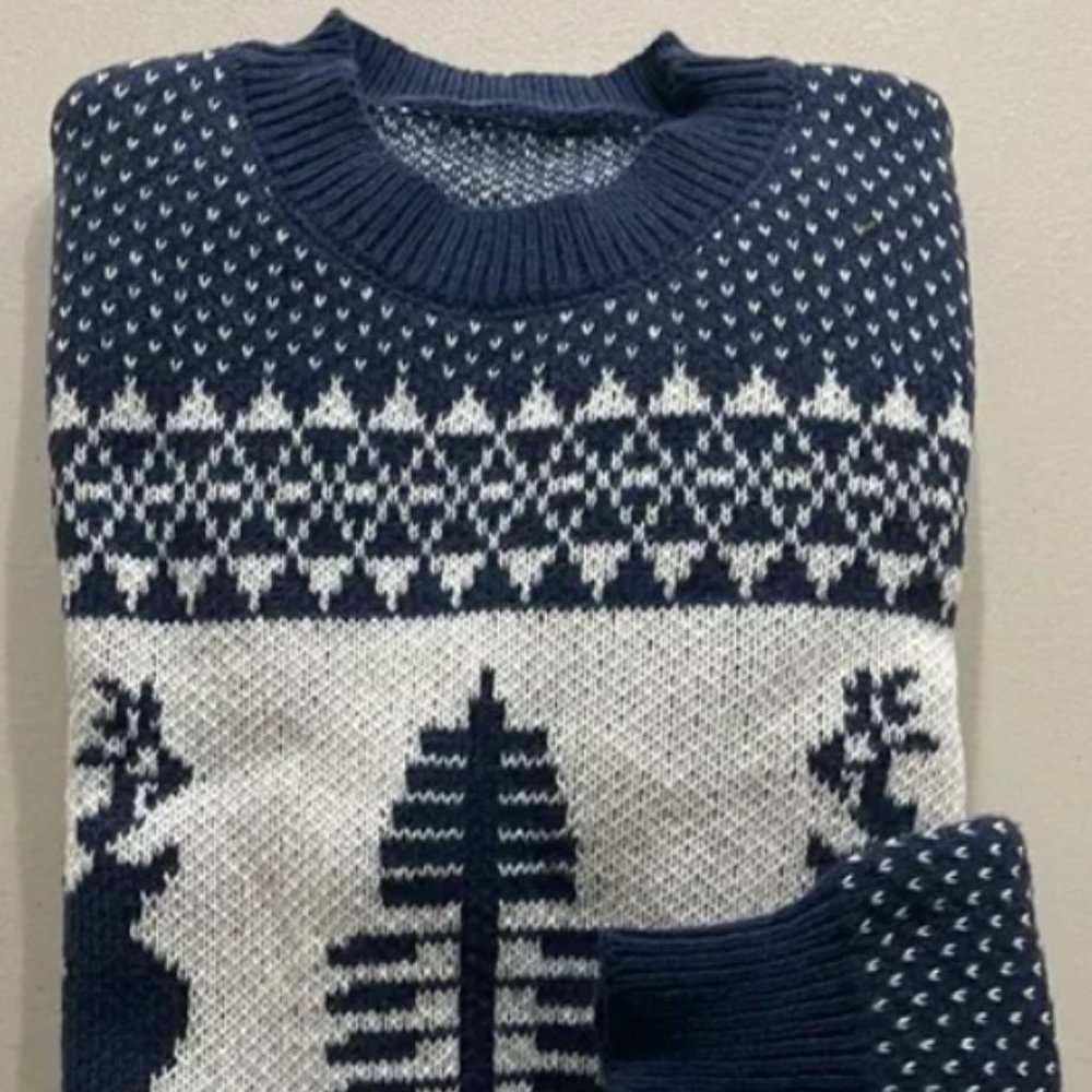 Nordic Sweater - Blue Fair Isle Sweater - Reindeer Pattern Festive Sweater - M